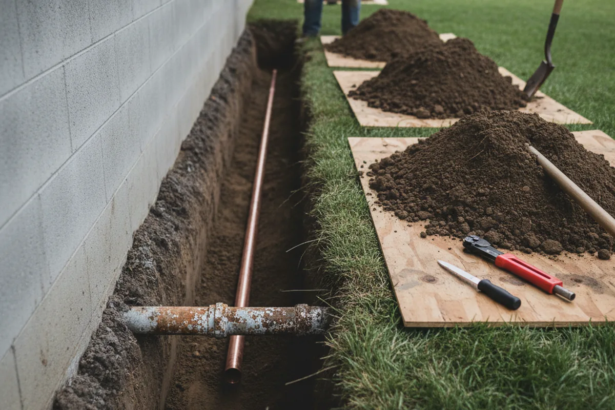 Excavated water line trench during Water Softener Installation in Verona